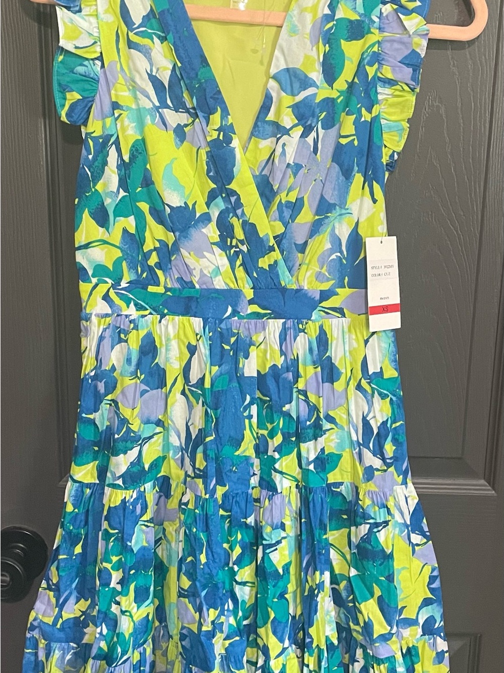 Floral Wrap-Style women’s Dress in Blue & Lime